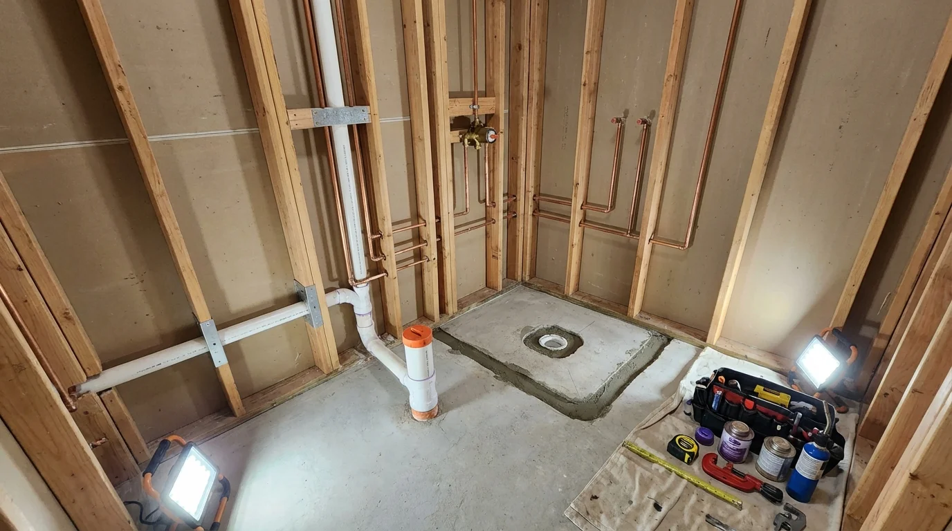 Bathroom rough-in plumbing during remodel by Johns Plumbing LLC in Little Neck