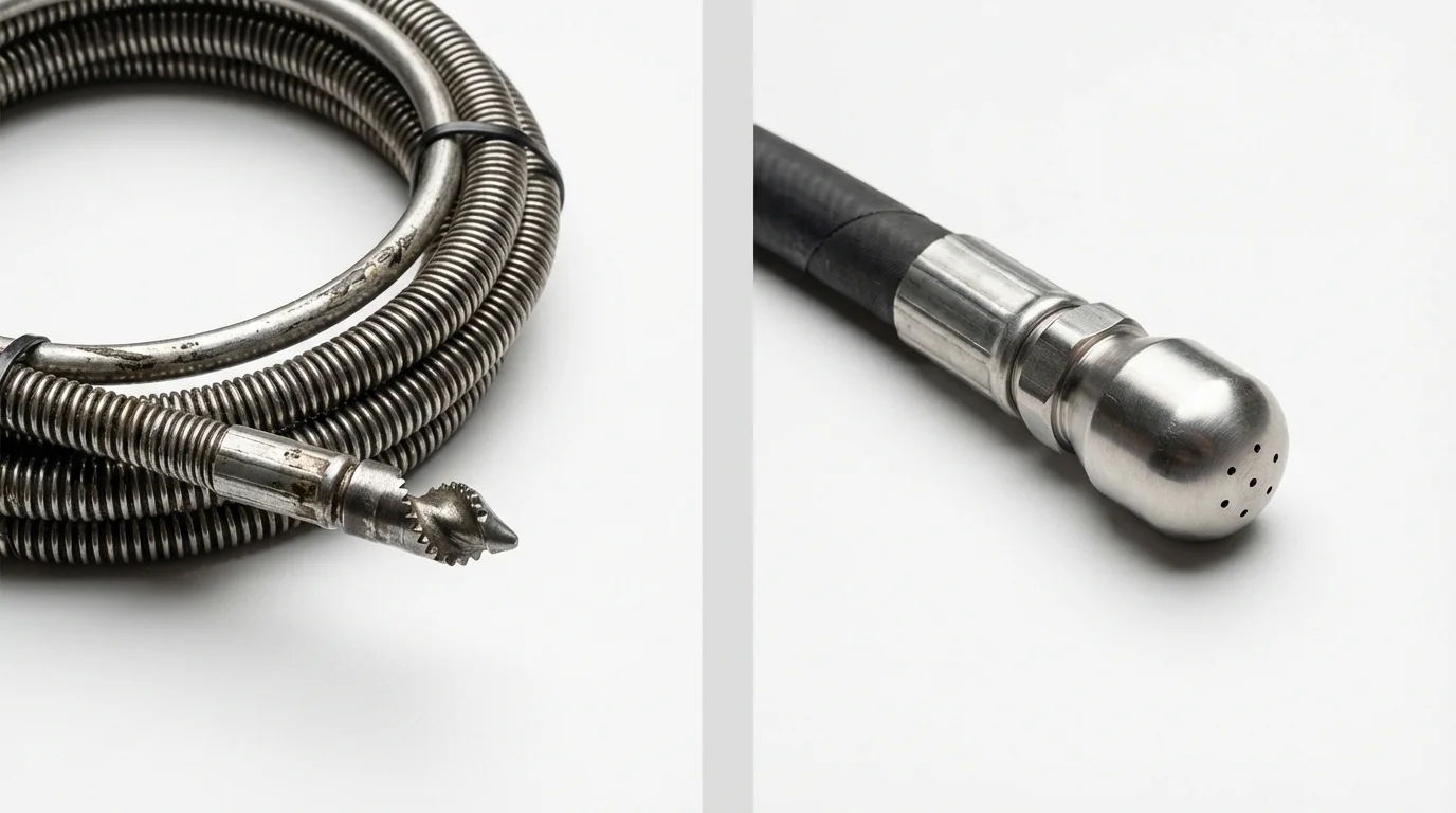 Drain snake cable and hydro jetting nozzle used for drain cleaning in Little Neck, NY