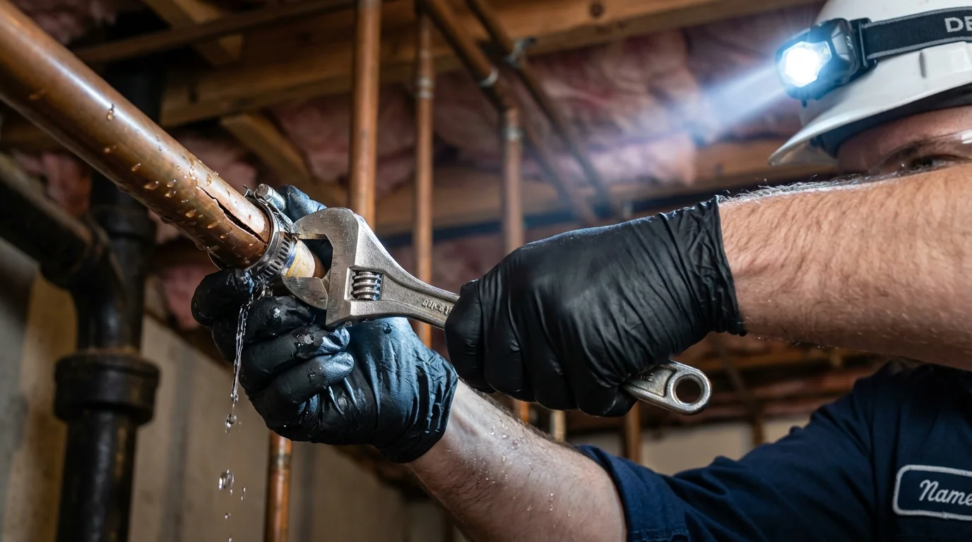 Emergency pipe clamp repair being performed by a Johns Plumbing LLC plumber in Little Neck