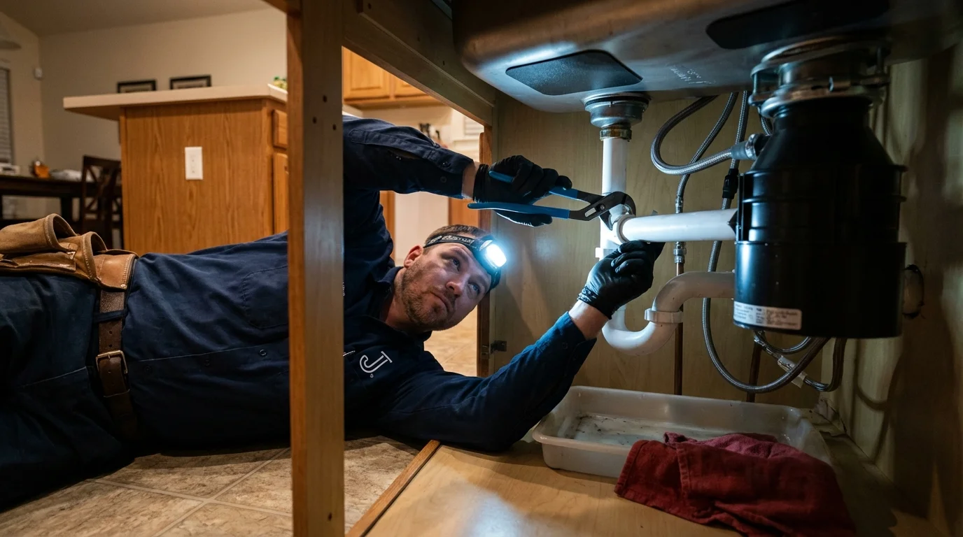 P-trap and supply line connections under a kitchen sink showing a common leak point in Little Neck, NY